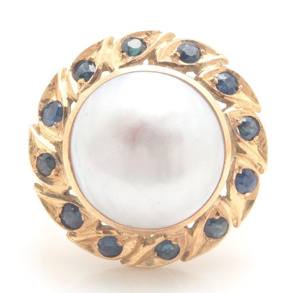 Natural 15mm Freshwater Pearl and Sapphire in 18K Solid Yellow Gold Antique Ring